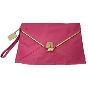 LULU Guinness Pink Envelope Clutch Bag with Gold Hardware - Neon - Wrist Strap